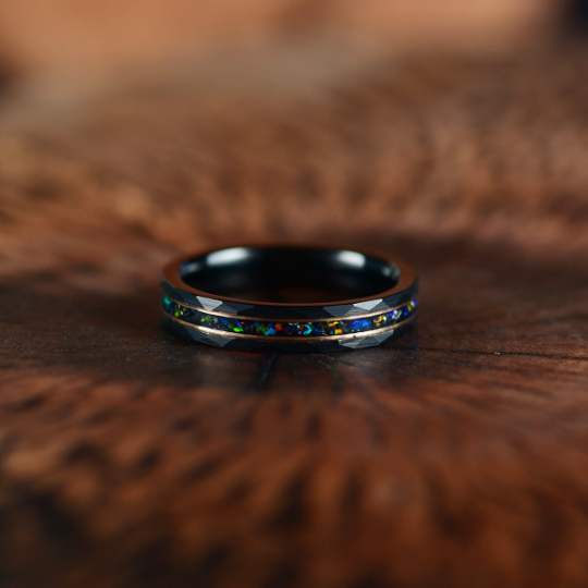Black Hammered Tungsten Crushed Opal Women's Wedding Band 4MM - PRISTINE RINGS