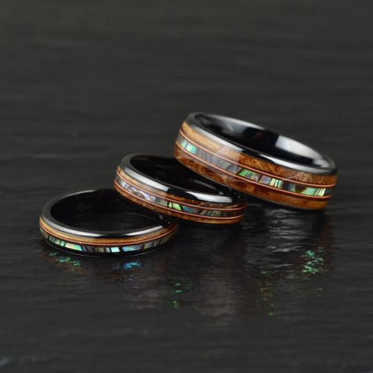 Tungsten Abalone Guitar String Whiskey Barrell Men's Wedding Band 8MM - PRISTINE RINGS