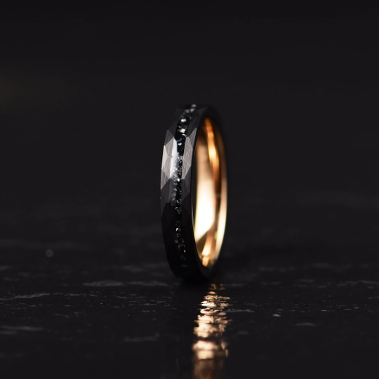 Rose Hammered Tungsten Crushed Meteorite Couples Wedding Band Set - PRISTINE RINGS