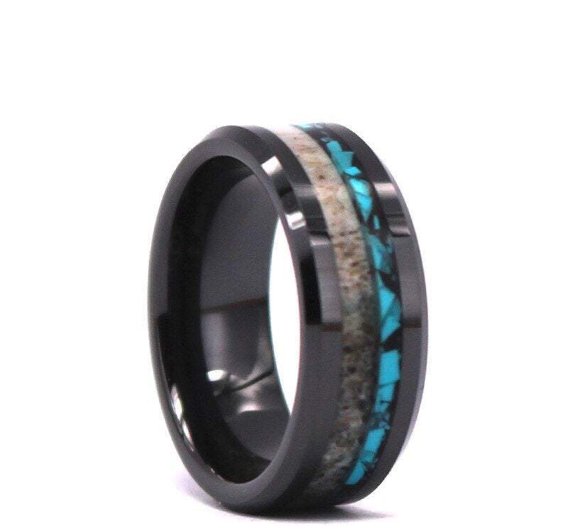 Deer Antler Turquoise Black Tungsten Men's Wedding Band 8MM - PRISTINE RINGS