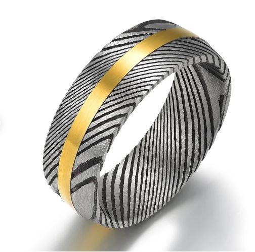 Damascus Steel Yellow Inlay Men's Wedding Band 8MM - PRISTINE RINGS