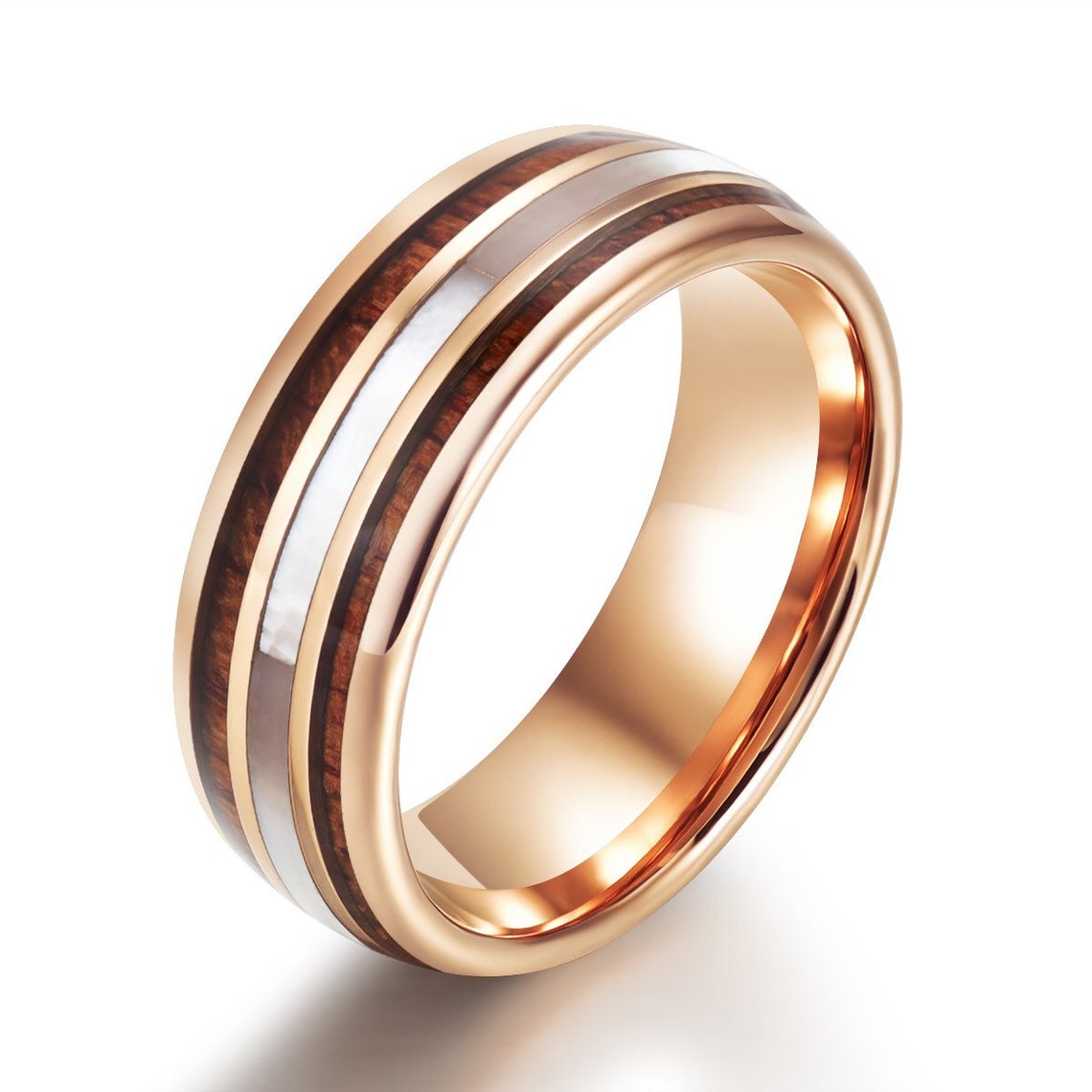 Rose Tungsten Koa Wood Pearl Men's Wedding Band 8MM - PRISTINE RINGS