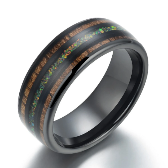 Yellow Opal Koa Wood Black Ceramic Men's Wedding Band 8MM