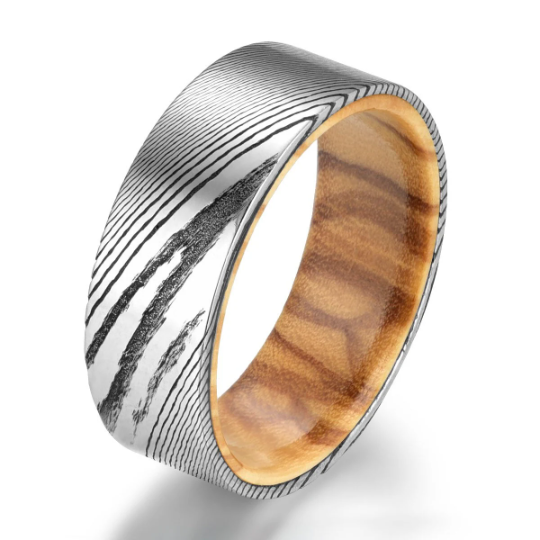 Damascus Olive Wood Men's Wedding Band 8MM - PRISTINE RINGS