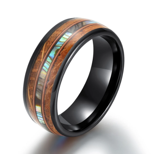 Tungsten Abalone Guitar String Whiskey Barrell Men's Wedding Band 8MM - PRISTINE RINGS