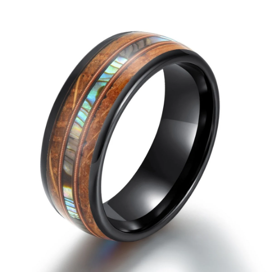 Tungsten Abalone Guitar String Whiskey Barrell Men's Wedding Band 8MM