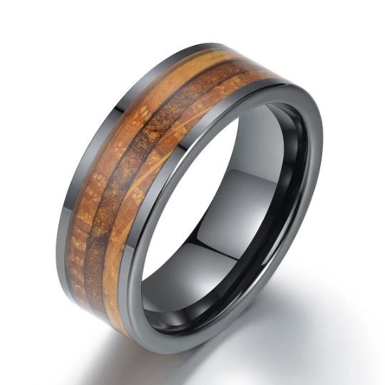 Black Ceramic Tobbaco Leaf Whiskey Barrel Wood Men's Wedding Band 8MM - PRISTINE RINGS