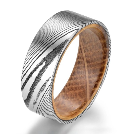 Damascus Whiskey Barrel Men's Wedding Band 8MM - PRISTINE RINGS