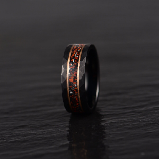 Black Hammered Tungsten Dinosaur Bone and Meteorite Men's Wedding Band 8MM - PRISTINE RINGS