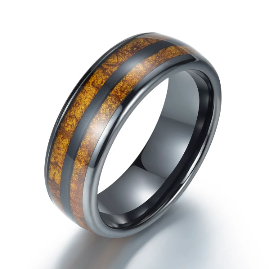 Black Ceramic Tobbaco Leaf Wood Men's Wedding Band 8MM - PRISTINE RINGS