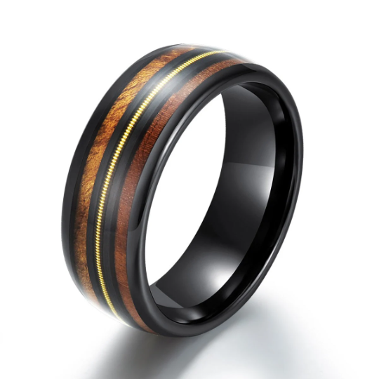 Black Ceramic Koa Wood Guitar String Men's Wedding Band 8MM - PRISTINE RINGS