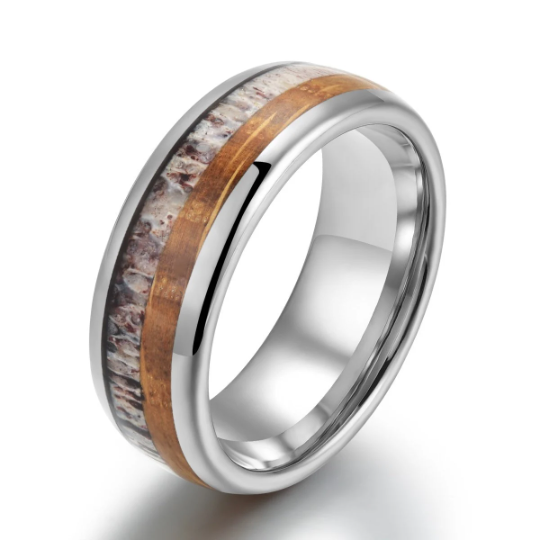 Tungsten Antler Whiskey Barrel Wood Men's Wedding Band 8MM - PRISTINE RINGS