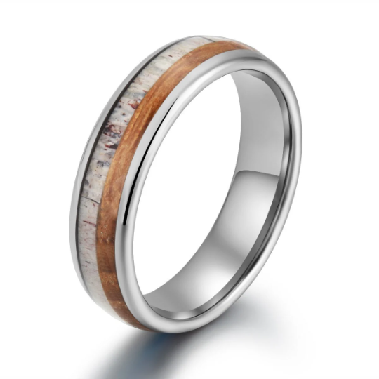 Tungsten Antler Whiskey Barrel Wood Men's Wedding Band 6MM - PRISTINE RINGS