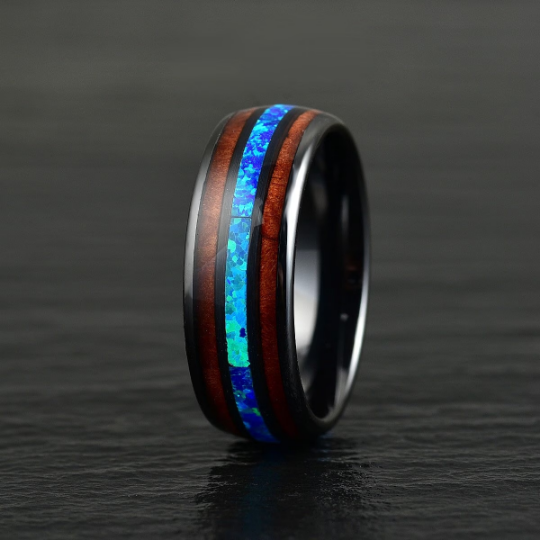 Black Ceramic Koa Wood Blue Opal Men's Wedding Band 8MM - PRISTINE RINGS