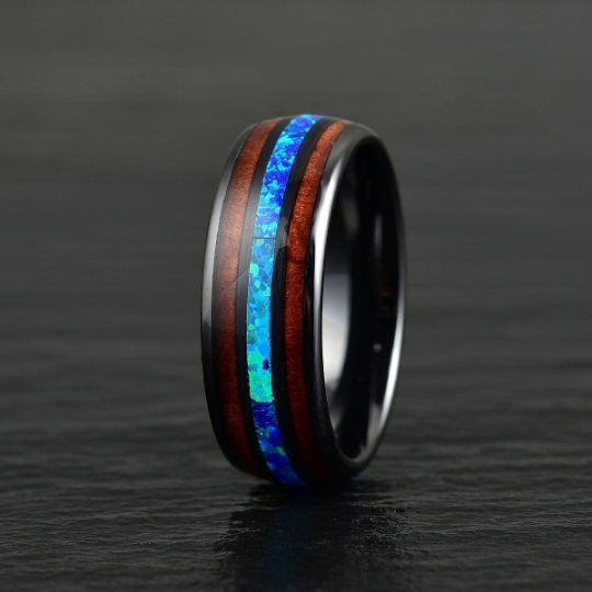 Black Ceramic Koa Wood Blue Opal Men's Wedding Band 8MM