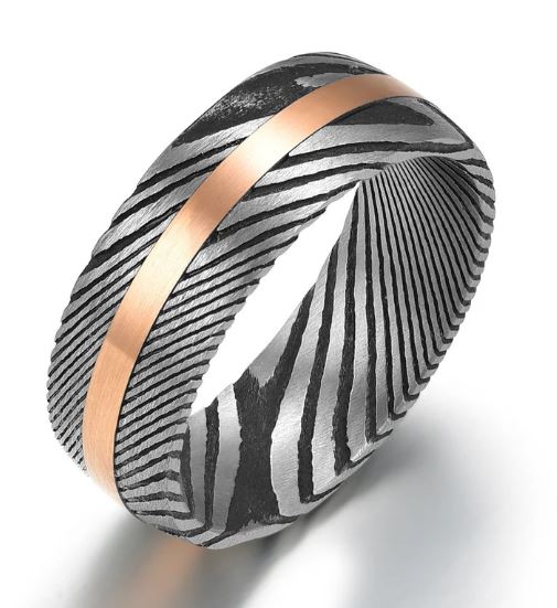Damascus Steel Rose Inlay Men's Wedding Band 8MM - PRISTINE RINGS
