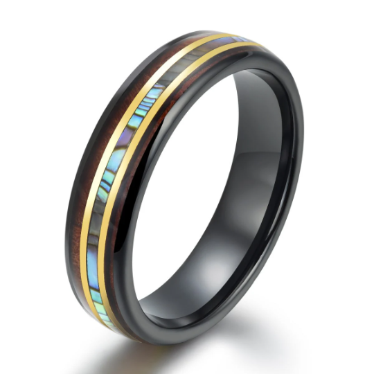 Tungsten Abalone Shell Koa Wood Women's Wedding Band 6MM - PRISTINE RINGS