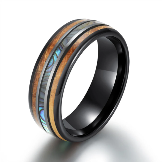 Black Ceramic Abalone Shell Whiskey Barrel Wood Men's Wedding Band 8MM - PRISTINE RINGS