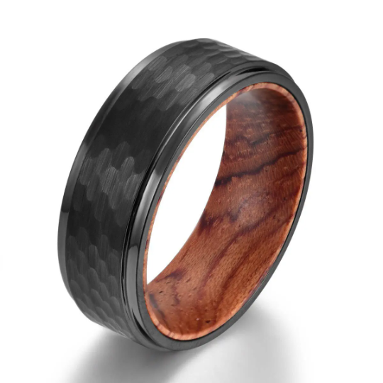Rose Wood Hammered Black Tungsten Men's Wedding Band 8MM - PRISTINE RINGS