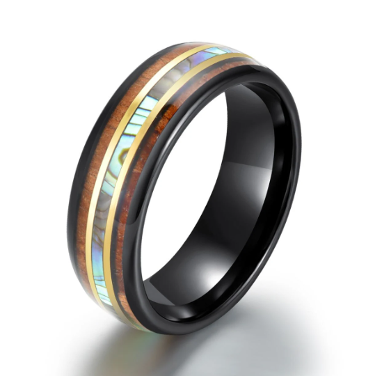 Tungsten Abalone Shell Koa Wood Men's Wedding Band 8MM - PRISTINE RINGS