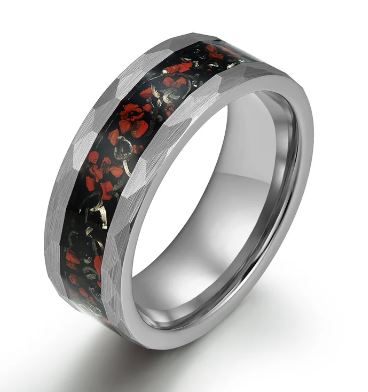 Grey Hammered Tungsten Dinosaur Bone and Meteorite Men's Wedding Band 8MM - PRISTINE RINGS