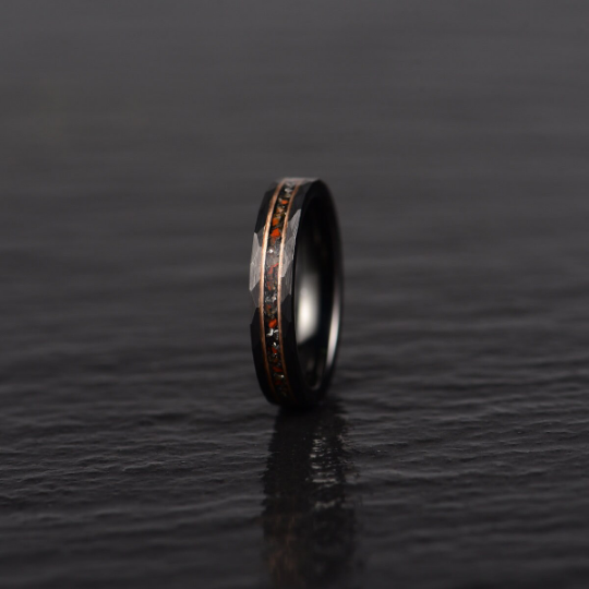 Black Hammered Tungsten Dinosaur Bone and Meteorite Women's Wedding Band 4MM - PRISTINE RINGS