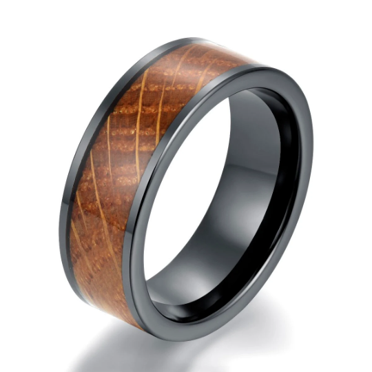 Black Ceramic Whiskey Barrel Wood Antique Finish Men's Wedding Band 8MM - PRISTINE RINGS