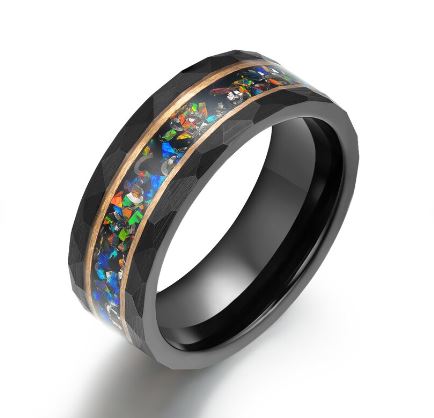 Black Hammered Tungsten Crushed Opal Men's Wedding Band 8MM - PRISTINE RINGS