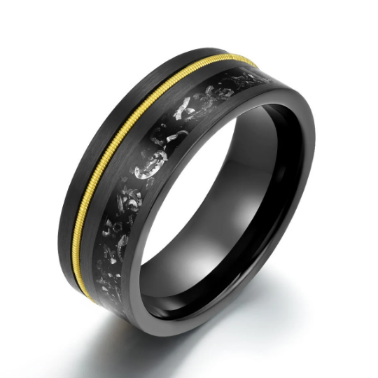 Crushed Meteorite Yellow Guitar String Men's Wedding Band 8MM - PRISTINE RINGS