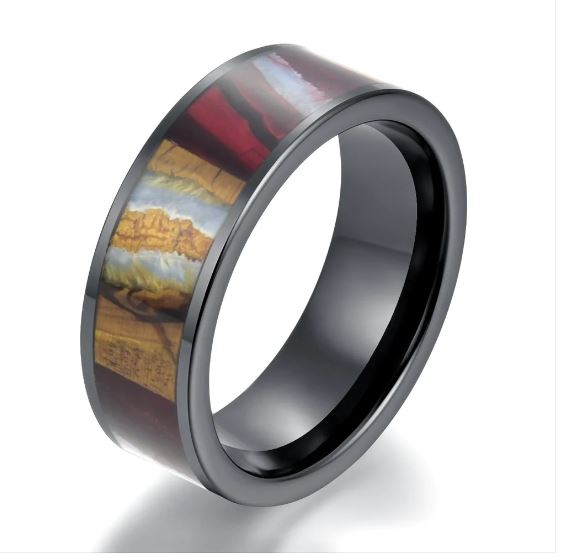 Black Ceramic Mammoth Fossil Men's Wedding Band 8MM - PRISTINE RINGS