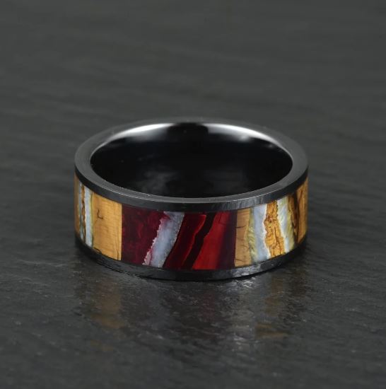 Black Ceramic Mammoth Fossil Men's Wedding Band 8MM - PRISTINE RINGS