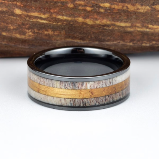 Black Ceramic White Oak Antler Inlay Men's Wedding Band - PRISTINE RINGS