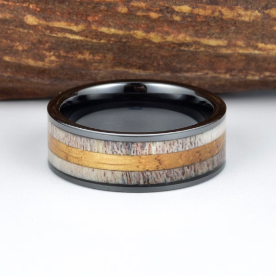 Black Ceramic White Oak Antler Inlay Men's Wedding Band