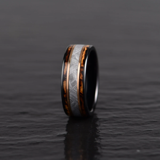 Black Tugsten Charred Whiskey Inlay Meteorite Men's Wedding Band - PRISTINE RINGS