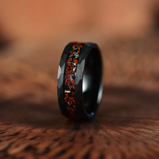 Black Hammered Tungsten Dinosaur Bone and Meteorite Men's Wedding Band 8MM - PRISTINE RINGS