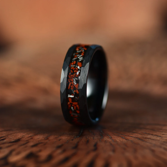 Black Hammered Tungsten Dinosaur Bone and Meteorite Men's Wedding Band 8MM