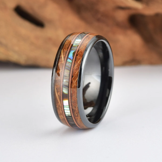 Tungsten Abalone Guitar String Whiskey Barrell Men's Wedding Band 8MM