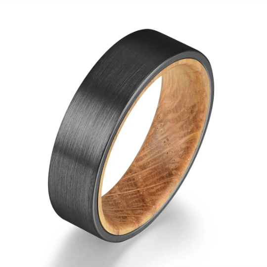 Black Tungsten Whiskey Barrel Inlay Men's Wedding Band 6MM - PRISTINE RINGS