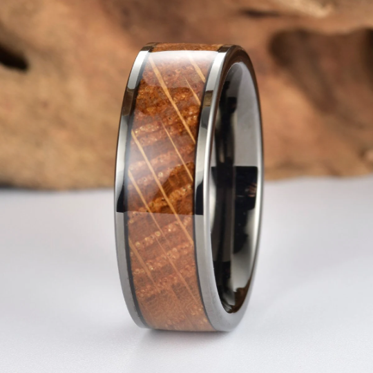 Black Ceramic Whiskey Barrel Wood Antique Finish Men's Wedding Band 8MM - PRISTINE RINGS