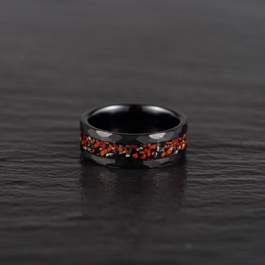 Black Hammered Tungsten Dinosaur Bone and Meteorite Men's Wedding Band 8MM - PRISTINE RINGS