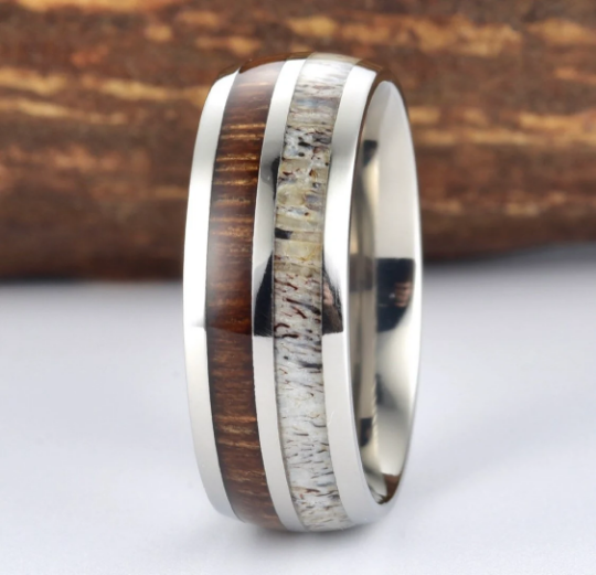 Antler Koa Wood Titanium Men's Wedding Band 8MM - PRISTINE RINGS