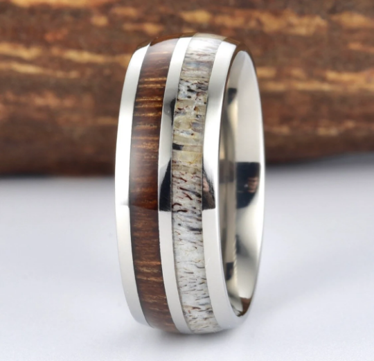 Antler Koa Wood Titanium Men's Wedding Band 8MM