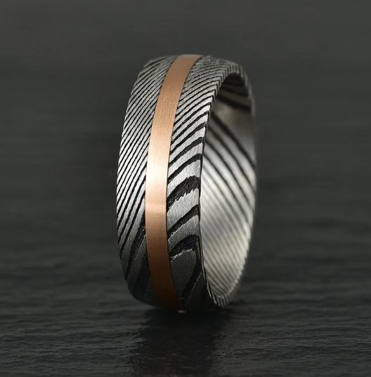 Damascus Steel Rose Inlay Men's Wedding Band 8MM - PRISTINE RINGS