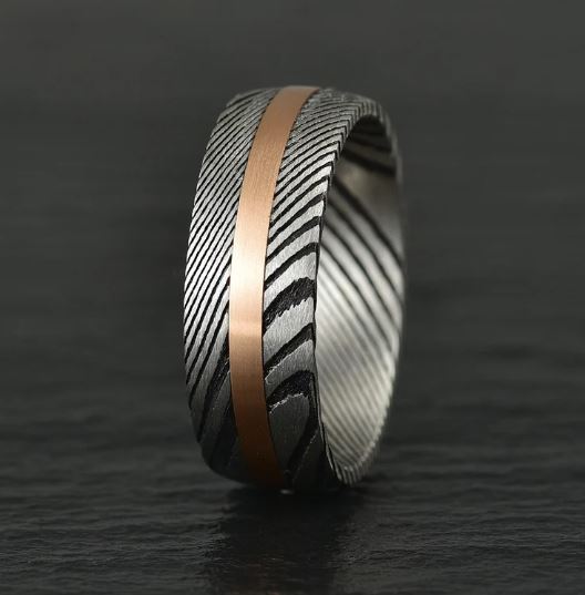 Damascus Steel Rose Inlay Men's Wedding Band 8MM