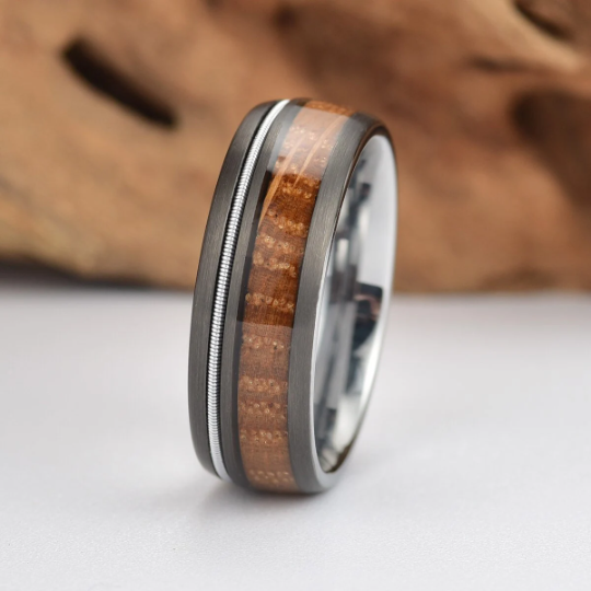 Tungsten Bourbon Whiskey Barrel Wood Men's Wedding Band 8MM - PRISTINE RINGS