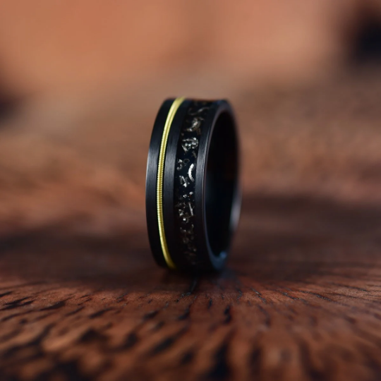 Crushed Meteorite Yellow Guitar String Men's Wedding Band 8MM - PRISTINE RINGS