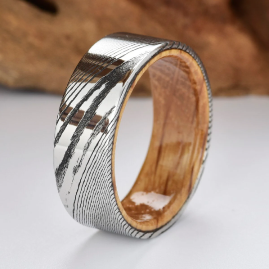 Damascus Whiskey Barrel Men's Wedding Band 8MM - PRISTINE RINGS