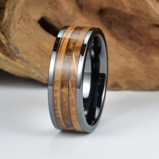 Black Ceramic Tobbaco Leaf Whiskey Barrel Wood Men's Wedding Band 8MM - PRISTINE RINGS