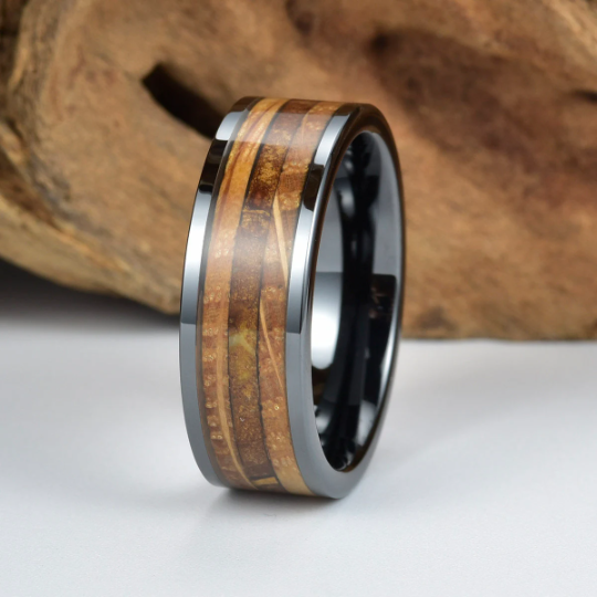 Black Ceramic Tobbaco Leaf Whiskey Barrel Wood Men's Wedding Band 8MM