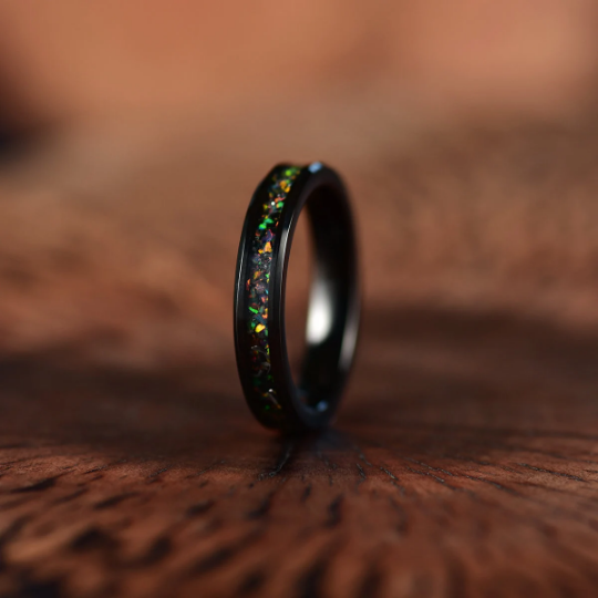 Black Tungsten Crushed Opal Women's Wedding Band 4MM - PRISTINE RINGS